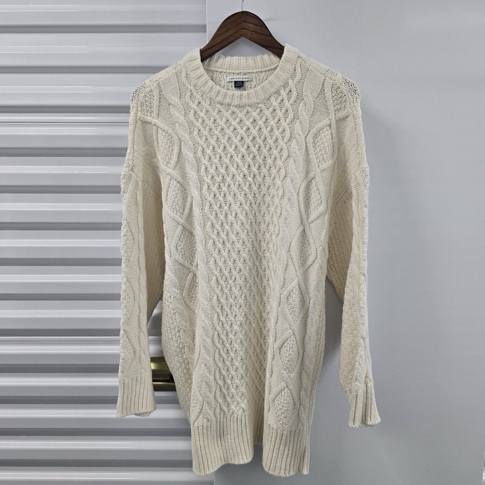 American Eagle Women's M Cream Cable Knit Fisherman Pullover Sweater Longline
